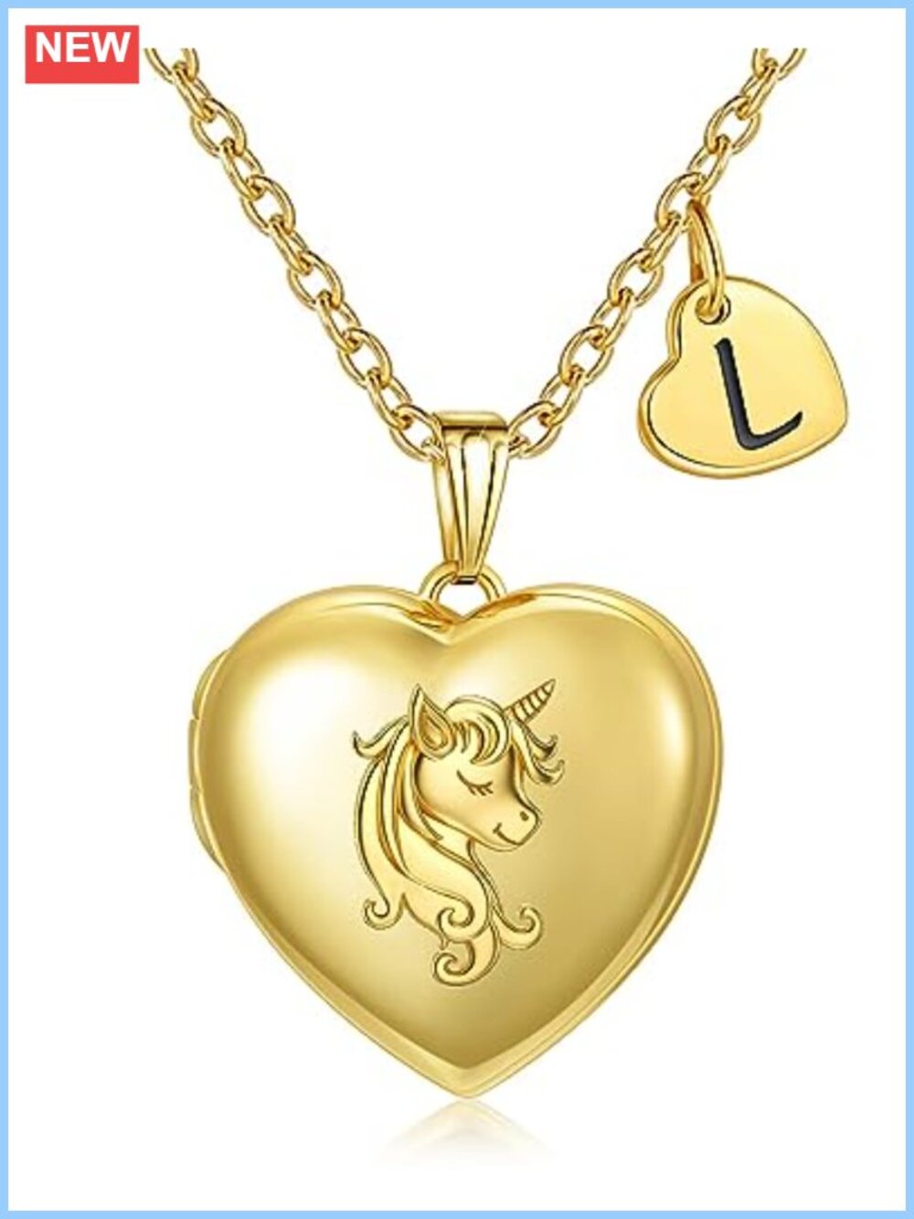 18K Gold Plated Copper Unicorn Locket Necklace with Zircon, Picture Holder, Gift